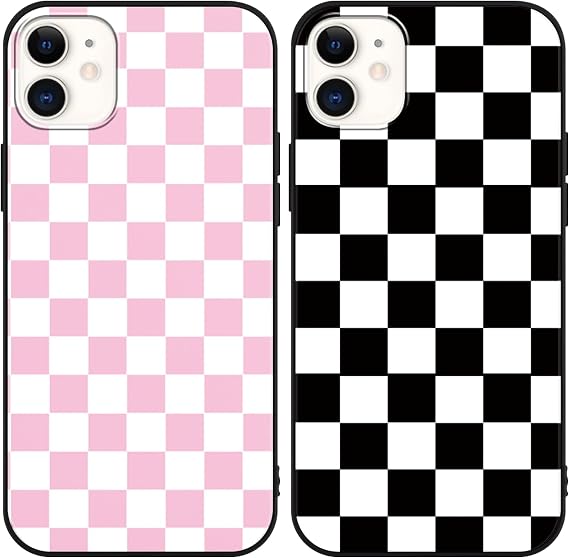 2 Pack Checkerboard Phone Case for Apple iPhone 11 6.1 inches, Checkered Grid Chess Soft Slim Shockproof Silicone Matte Scratch-Resistant Funda Cover for Girls Woman, Black/Pink