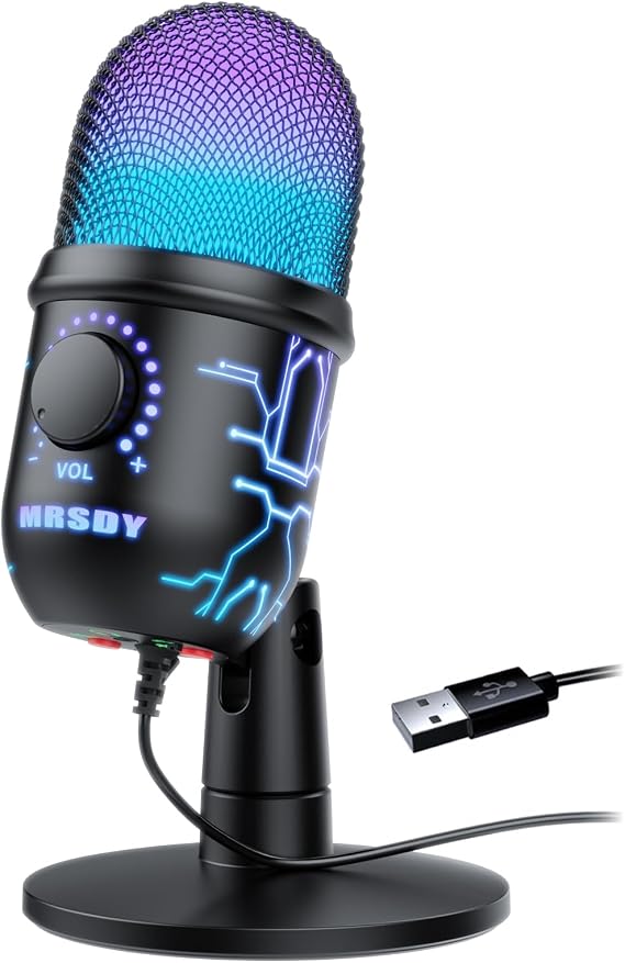 MRSDY USB Gaming Microphone for PC with Noise Reduction, Mute, Gain, RGB | Condenser Mic, Headphone Jack, Suitable for PC, Computer, PS4, PS5, Mac, Streaming, Podcasting, Recording, YouTube, Discord