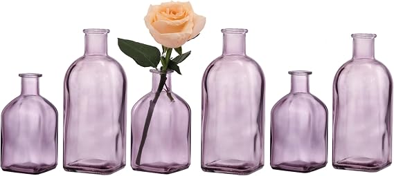 GMWD Glass Flower Vase Set of 6 Purple Clear Bud Vases, 14.5 Oz 8 Oz Apothecary Bottle Vases Decorative for Centerpieces Home Decoration Wedding Reception Table Decor