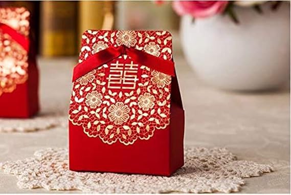 Zorpia 50 Pcs Shiny Glitter Sparkling gold flower chinese red wedding sweet box DIY Square Wedding Bridal Party Favor Candy Gift Boxes ZRA0168887(Red)