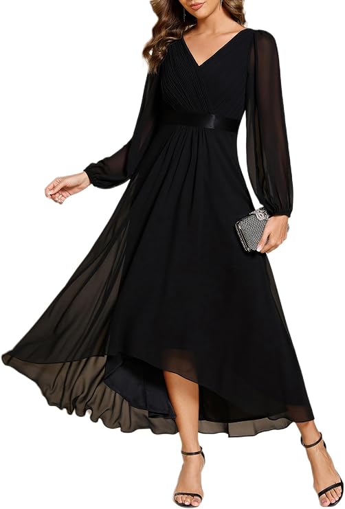 Ever-Pretty Women's Fall Chiffon Evening Dress V Neck Long Sleeves High-Low A-Line Formal Wedding Guest Dresses 09894
