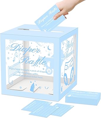 Blue Clear Diaper Raffle Tickets Card Box for Baby Shower, 50 Pcs Diaper Raffle Tickets with Advice and Wishes, for Gender Reveal Baby Shower Games, Diaper Raffle Box Party Decorations Supplies
