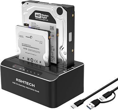 RSHTECH Hard Drive Docking Station Aluminum USB-C/USB 3.0 to SATA Dual Bay Hard Drive Dock for 2.5 or 3.5 inch HDD SSD, with 2-in-1 USB Cable, Support Offline Clone, UASP and 2x22TB, RSH-DS01C