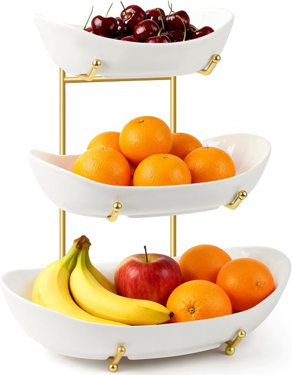 Fruit Bowl for Kitchen Counter Large, 3 Tier Fruit Basket for Counter, Ceramic Holder, Tiered Stand with Metal Stand, Detachable Rack for Fruit Vegetable Snack Dessert Storage (White)