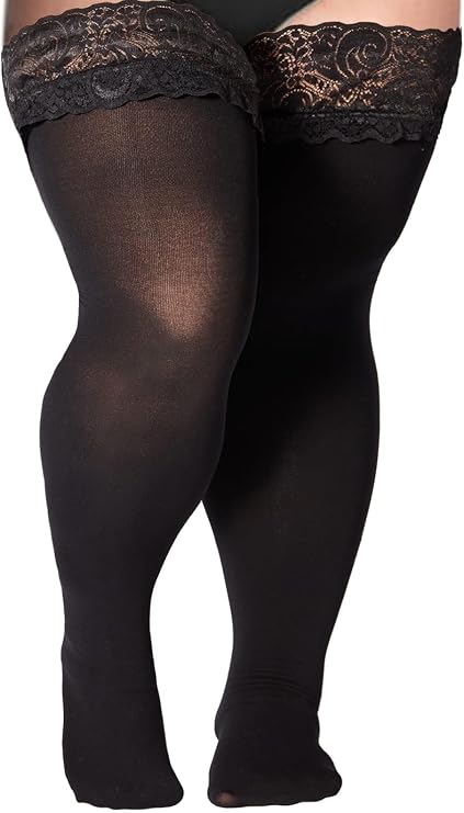 Moon Wood Plus Size Thigh High Stockings for Curvy Women Lace Top Silicone Stay-Up Anti-Slip Sexy Semi Sheer Hosiery
