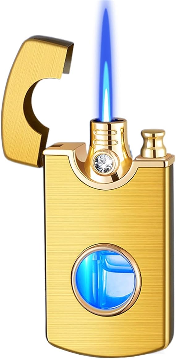 Lighter, Torch Lighter, Windproof Blue Flame Lighter, Transparent Gas Chamber Built-in LED Light Lighter, Metal Portable Lighter, Suitable for Candles, Camping, Hiking, Gifts(A)