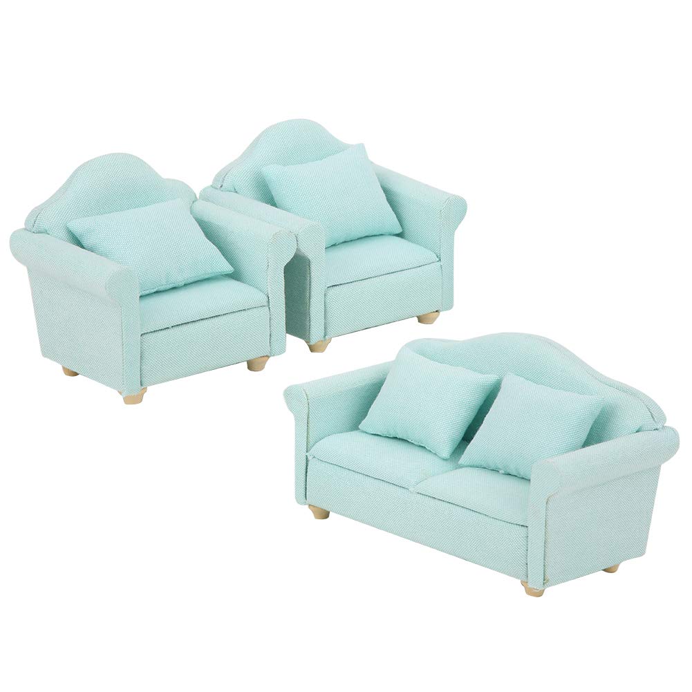 1:12 Dollhouse Sofa Set, Handmade Wood Fabric Matcha Color White Furniture with Plaid Cushion, for Living Room Toy House Decoration Matcha Green