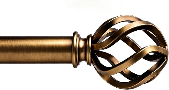 Brass Curtain Rods 18 to 45 Inches, 1 Inch Modern Drapery Rods, Adjustable Heavy Duty Curtain Rod, with Twisted Cage Finial for Home & Office (18"-45" Aged Brass)