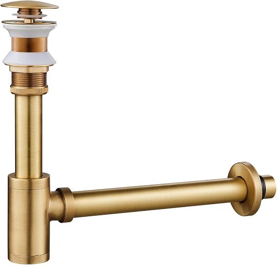 Bathroom Sink P-Trap Complete Set, Adjustable 1-1/4 Bottle Trap, Brass Sink Waste Trap Drain Tube Kit and Pop Up Sink Drain whthout Overflow, Gold