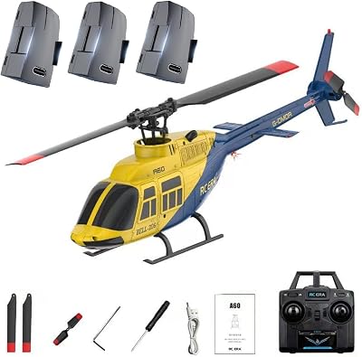 A60 142 Scale RC Helicopter, BELL206 90-Class 2.4G 4CH Single Rotor Flybarless Mini Remote Control Helicopter for Adults, with Optical Flow Altitude Hold RTF VersionYellow and Blue