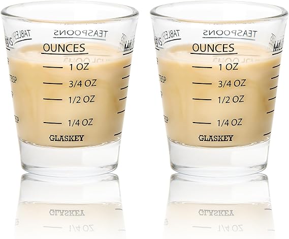 GLASKEY 1.5 oz Shot Glasses,Shot Glasses Measuring Cup with 4 Kind of Scale (1 OZ/30 ML/6 TSP/2 TBSP),Dishwasher Safe,Measurement of Dry and Liquid Ingredients (2 Pack-Black)