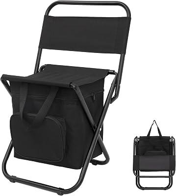 FUNDANGO Portable Fishing Chair, Lightweight Backrest Stool Compact Folding Chair with Cooler Bag for Outdoors Hiking Hunting Travel, Supports 265 Lbs Black