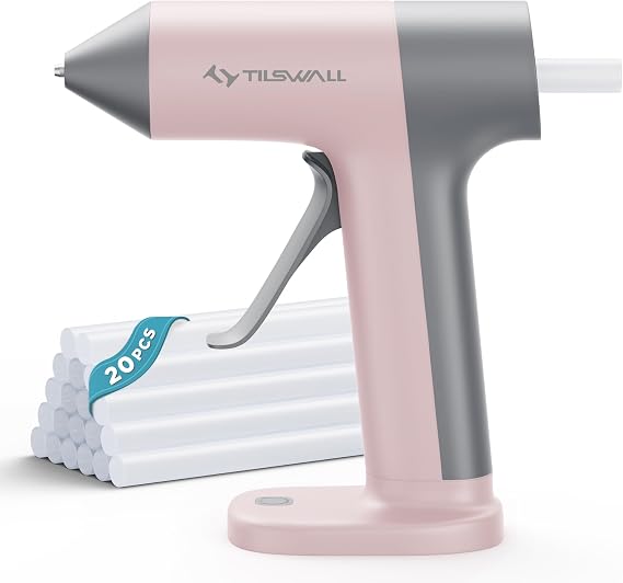 Tilswall Cordless Hot Glue Gun, 30s Fast Preheat, 20PCS Glue Sticks, USB-C Rechargeable Wireless Glue Gun, Anti-Drip Nozzle, Smart Power-Off, Pink Hot Melt Glue Gun for Crafts, DIY, Home Repairs
