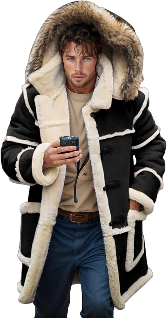 Men Sherpa Fleece Coat Big And Tall Coat Solid Color Slim Fit Overcoat Soft Fuzzy Warm Peacoat Winter Coats with Hood