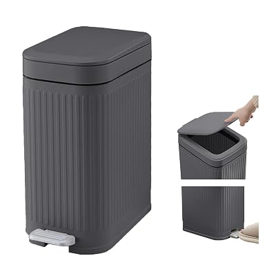 Small Bathroom Trash Can with Lid, Press-Top Lid & Foot Pedal 2-in-1 Garbage Can, 2.6 Gal Plastic Wastebasket Soft Close, Dog proof, Slim Step-On Trash Bin for Kitchen, Office, Bedroom, Dorm-Black-10L
