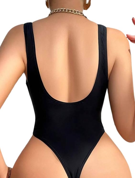 Sexy One Piece Swimsuit for Women Deep V-Neck Backless High Cut Thong Bottom Open Back Bathing Suit