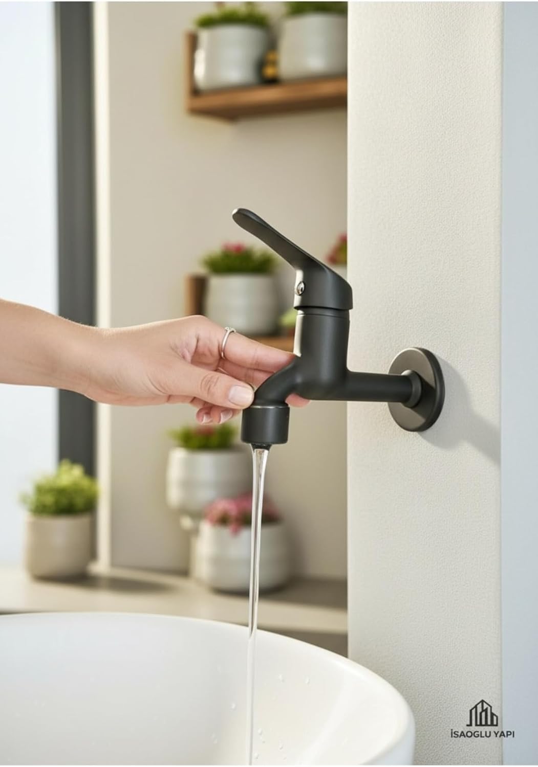 İSAOĞLU YAPI Mat Siyah Duvar Musluğu, Açı Kapa Sistem, WC Lavabo Bataryası