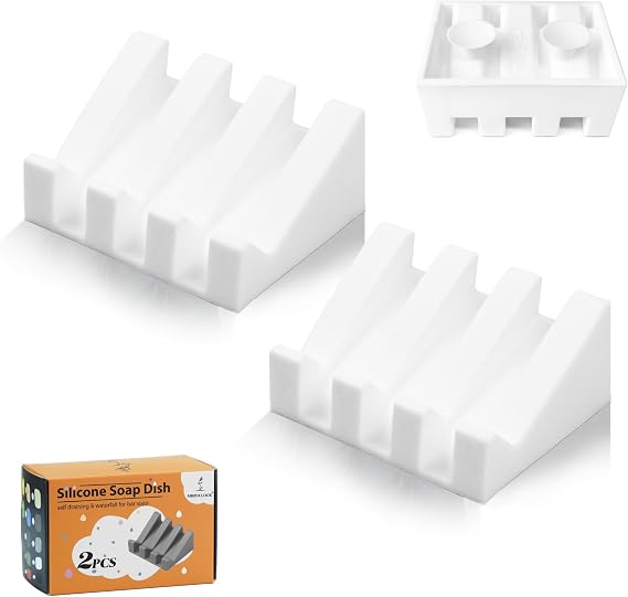 Silicone Soap Dish Self Draining with Suction Cups (White, 2 Pack) | Waterfall drainage design drains fast to keep soap dry silicone soap saver with reusable suction cups for bathroom & kitchen