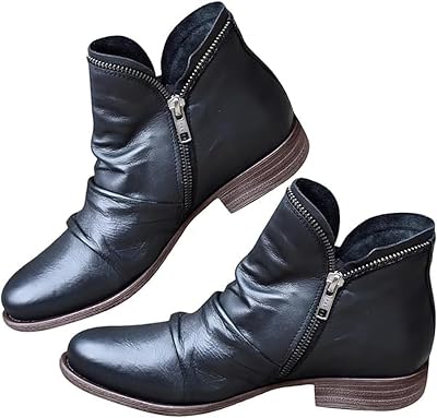 Womens Casual Short Ankle Boots Side Zipper Vintage Leather Damping Shoes Comfortable Low Block Heel Dress Shoes Closed Round Toe Slip On Flat Shoes