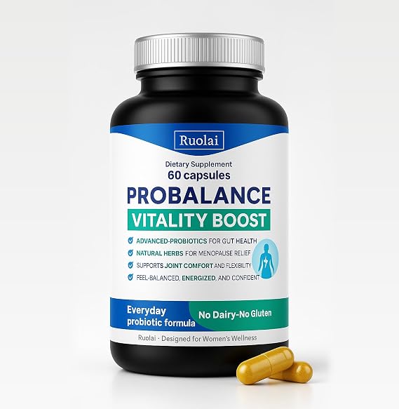 Ruolai ProBalance Probiotics for Women 68B CFU Menopause, Bloat & Belly Support Turmeric & Moringa Digestive & Joint Health 60 Capsules