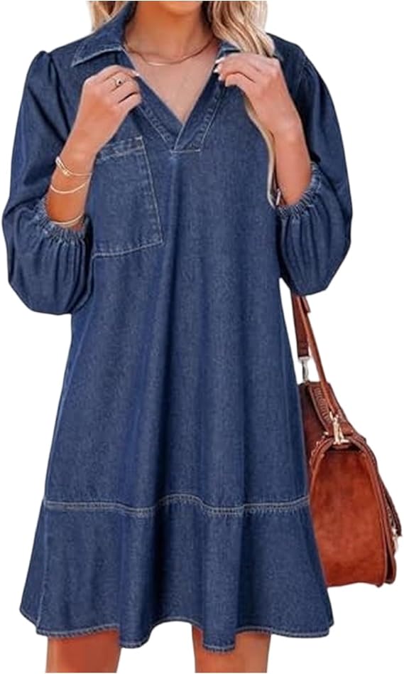 FQZWONG Denim Dress for Women Fashion Casual Babydoll V Neck 3/4 Puff Sleeve Jean Dresses Fall Trendy Collared Mini Dress