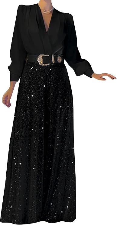 BOFETA Women's Casual Long Sleeve Clubwear Sparkly Party Sexy Jumpsuits Elegant Deep V Neck Rompers