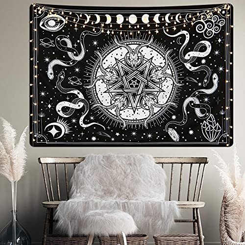 PANDAYAQ Witch Tapestry Black and White Tapestry Snake Tapestries Moon Star Tapestry Black Gothic Tapestry Wall Hanging for Room 51.2 59.1 inches