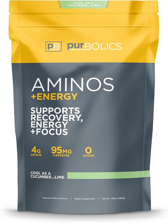 Purbolics Aminos + Energy | Supports Recovery, Energy & Focus | 95mg of Caffeine, 0 Sugar & 60 Servings (Cool As Cucumber...Lime)
