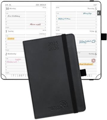POPRUN Pocket Planner 2025-2026 Purse Size 4 x 6.25 Academic Small Calendar July 2025 - June 2026 with Hourly Time Slots, 100GSM Thick Papers, Leather Soft Cover - Black