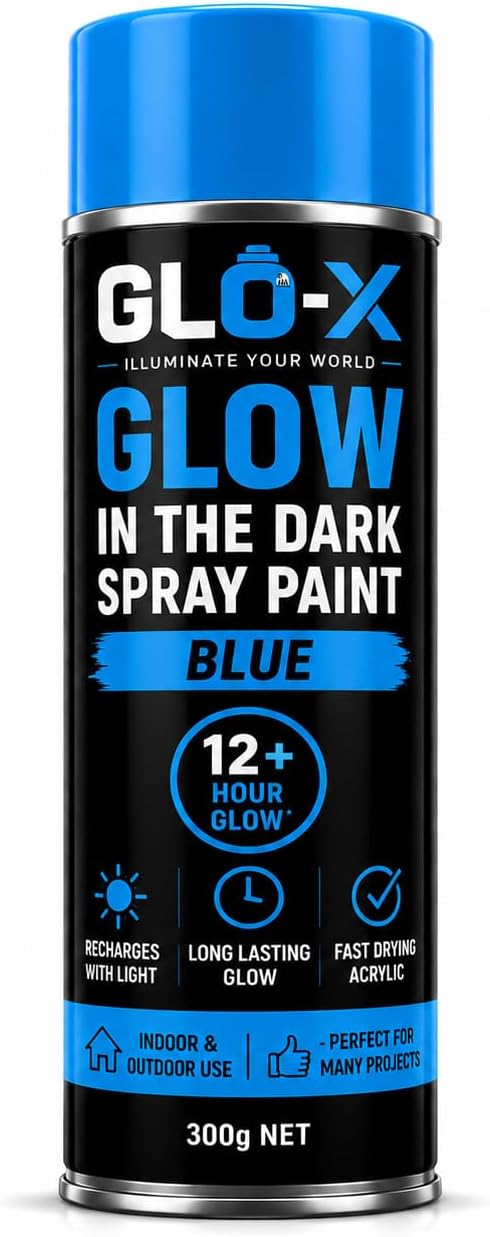 GLO-X Blue Glow in the Dark Spray Paint, Clear Outdoor Acrylic Paint 11oz