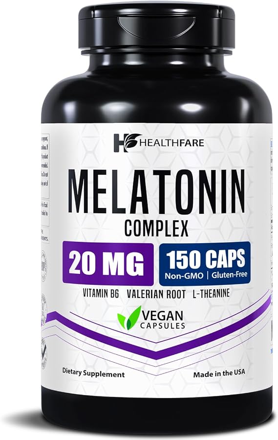 Healthfare Melatonin 20mg | 150 Veg Capsules | Complex with L-Theanine | Valerian Root & Vitamin B6 | Vegetarian Formula | Non-GMO | Gluten-Free | Made in The USA