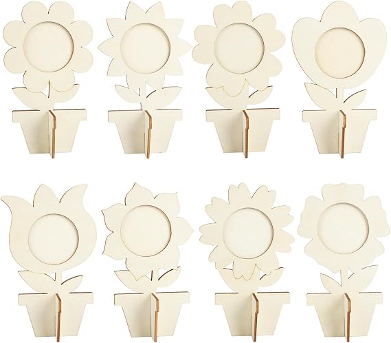 8Pcs Flower Spring Wood Crafts to Paint, Wooden Flowers Picture Frame for Craft, 3D Unfinished Spring Picture Frame Craft for Painting, DIY Mothers Day Gifts Flower Cutouts for Painting Decorations