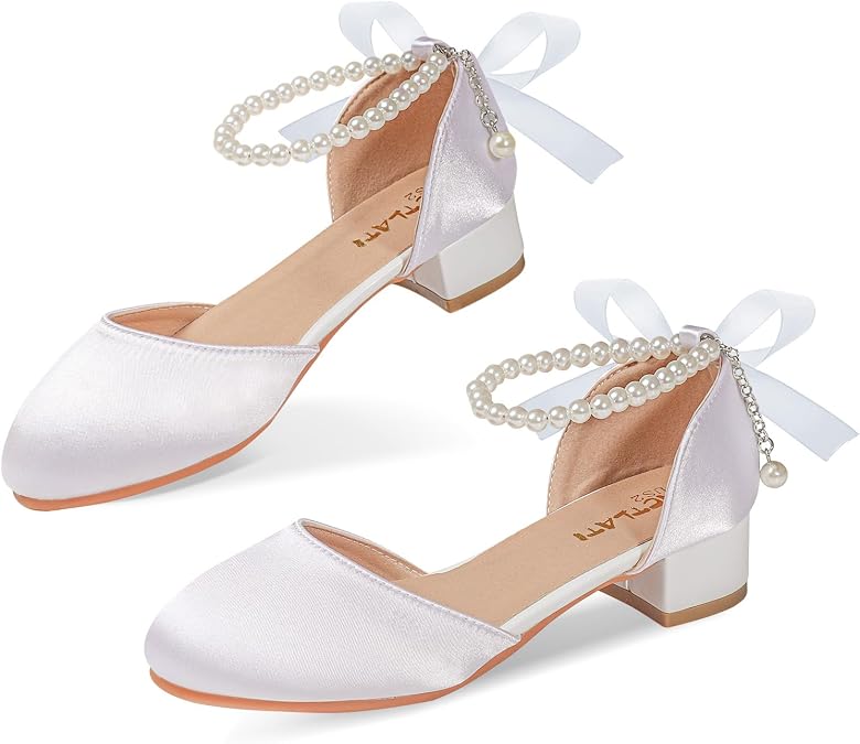Girls Dress Shoes High Heels Sandals Satin Closed Toe Pearls Ankle Strap Flower Girl Little Big Kid Mary Jane Wedding Party Communion Pump Shoes