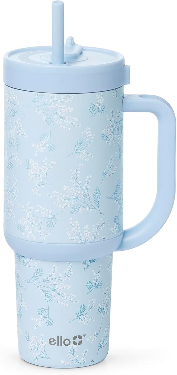 Ello Oasis 30oz Insulated Stainless Steel Tumbler with Straw, Sweet Alyssum | Insulated stainless steel cup with handle, retracting straw, leakproof lid, keeps cold 24 hours, cupholder fit