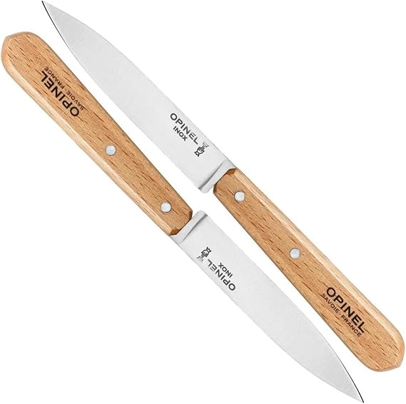 Opinel No. 112 Paring Knives 2 Piece Set, Sandvik 12C27 Steel Everyday Use Prep Knives for Chopping, Peeling, Slicing, Trimming, Stabilized Sustainably Harvested Beechwood Handles, Made in France
