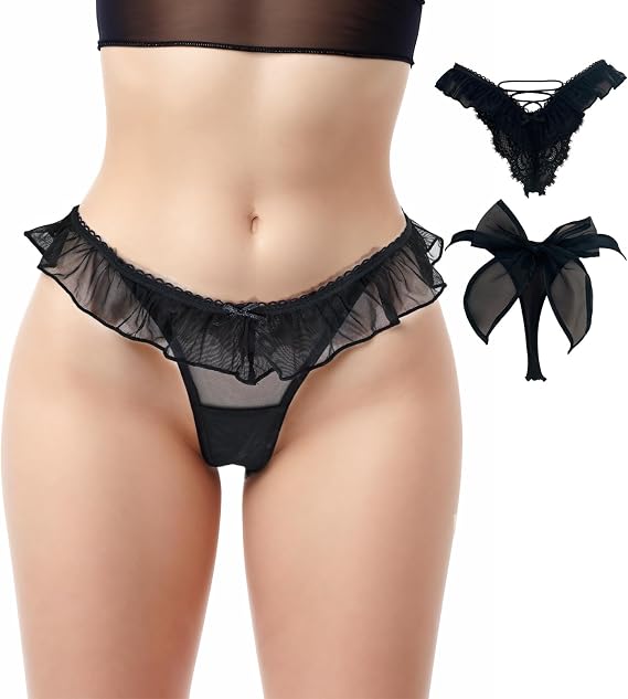 Women's Lace Bow Thongs, Low Waist See Through Sexy Lingerie, T Back Breathable Seamless V-Shape Design Floral Lace tangas