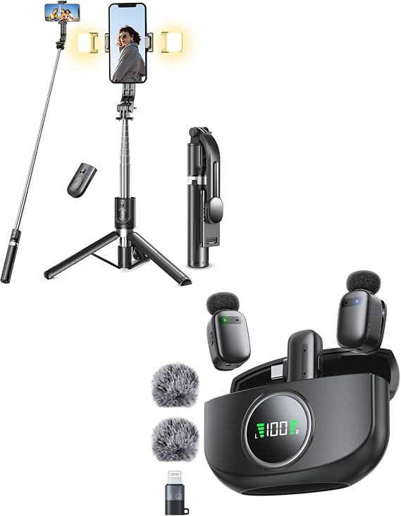 Microphone for Phone+Selfie Stick Tripod with 2 Light for Content Creator