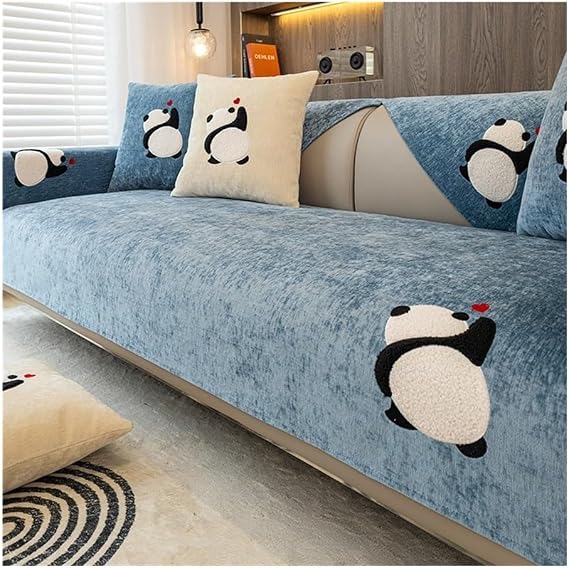 Chenille Couch Covers Panda Pattern Embroidered Sofa Covers Universal Four Seasons Sectional Couch Cover Anti-scratch Wear-resistant Furniture Cover For Cat Dog(Blue,90 * 160cm/35.4 * 63in)