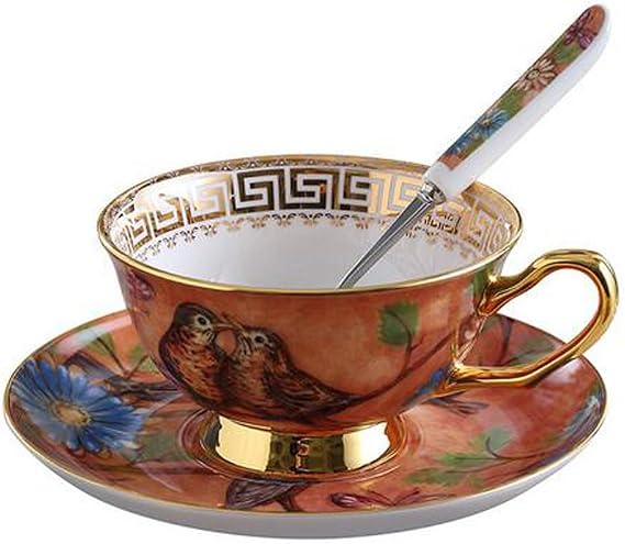 Bone China Cup& Saucer Set, 6.8oz- Birds& Trees (Orange)