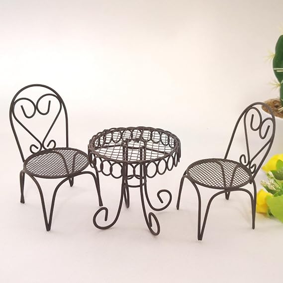 Set of 3 Miniature Tables and Chairs Set Metal Mini Table and Chair Round Restaurant Decoration Garden Furniture Mini Furniture Ornaments Table Office
