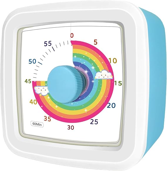 Visual Timer for Kids, 60-Minute Silent Countdown Timer with Rainbow Design, Cube Time Management Tool Timers for Classroom Cooking Homework ADHD, No Loud Ticking Kids Visual Timer,White Blue