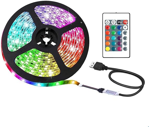 USB LED Colour Changing Strip Lights with RGB 16 Colours, 24Key Remote Control for Various Decorative Applications (2m) [Energy Class A+++]