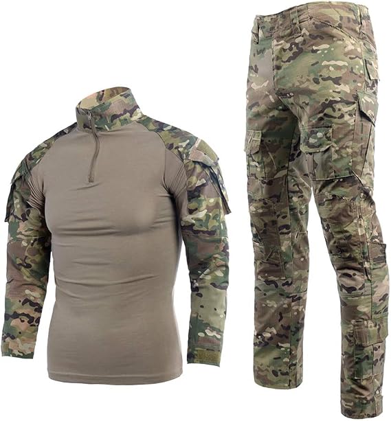Airsoft Camouflage Suit Men's Paintball Combat Shirt Tactical Trousers Long Sleeve with 1/4 Zip Military Suit Outdoor Camouflage Hunting Clothing BDU