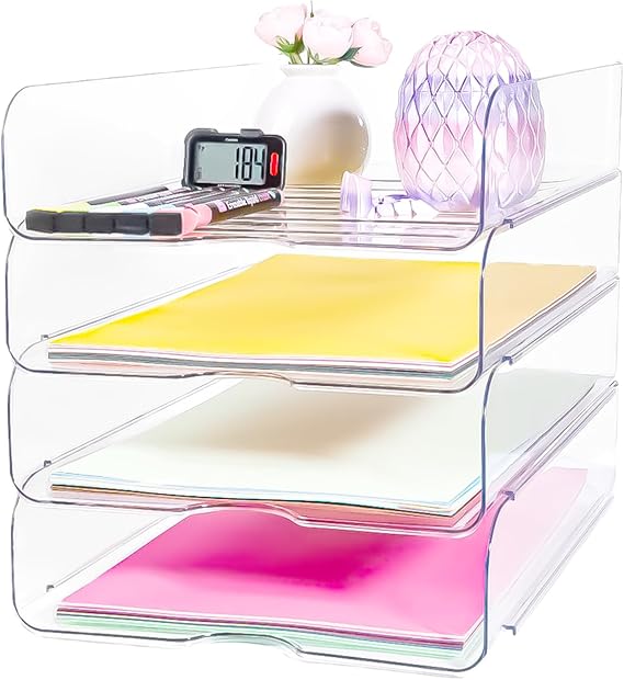 4 Pack Stackable Letter Tray for Desk, Clear File Organizer for Files, iPad, Letters, A4 Office Files, Books, Notes, Vertical