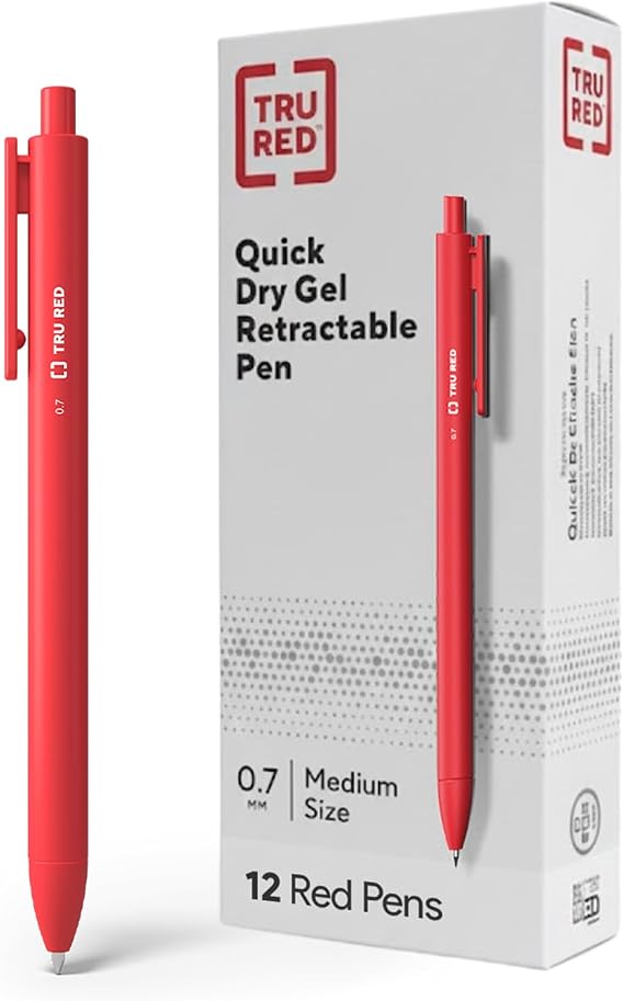 TRU RED Retractable Gel Pens, Medium 0.7mm, Red Ink, 12-Pack