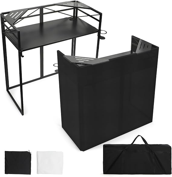 40"x20"Foldable Metal Frame Heavy Duty DJ Facade Booth Portable DJ Controller Table Stand Set Adjustable Height 33.5"/39.5" with Black & White Backdrop, DJ Desk for Performances, Parties, Weddings