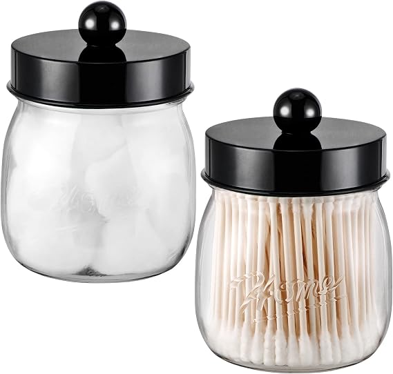 Farmhouse Decor Apothecary Jar Set,Mason Jar Bathroom Vanity Storage Organizer Canister - Qtip Holder Plastic Acrylic Jar for Cotton Swabs,Cotton Pads,Floss Picks,Paper Clips,Hair Clips2 Pack,Black