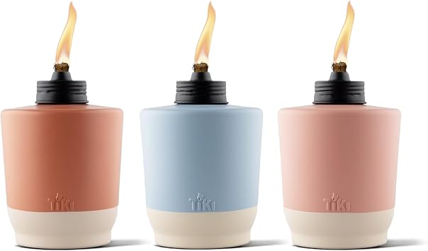 TIKI Sunset Sands Outdoor Table Torch, Decorative Outdoor TIKI Torches for Patio and Backyard, Orange, Blue, and Pink, 6 in, Pack of 3, 1124122
