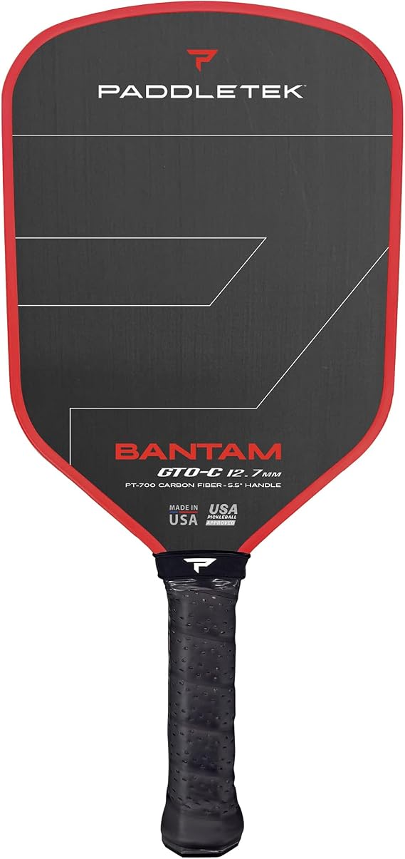 Paddletek Bantam GTO-C 12.7mm Hybrid Pickleball Paddle Raw Carbon Fiber Face Aerodynamic Tapered Shape Polymer Core 5.5" Handle UPA-A & PBCoR .43 Certified Made in USA
