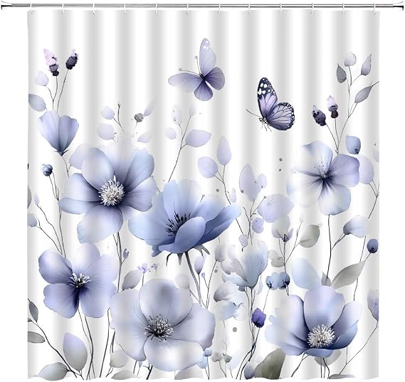 Blue Floral Shower Curtain Watercolor Lavender Flower Butterfly Boho Farmhouse Wildflower Cute Rustic Plant Botanical Elegant Fabric Bathroom Decor Curtains with Hooks,70 x 70